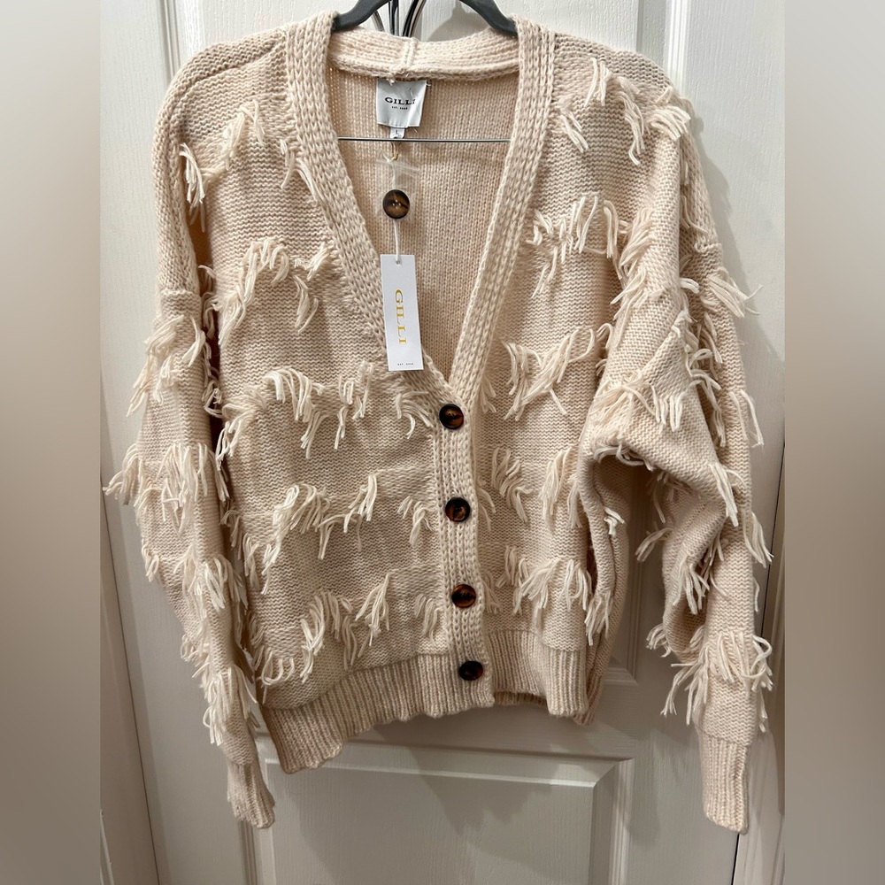 Gilli Cream Fringe V-Neck Button Cardigan